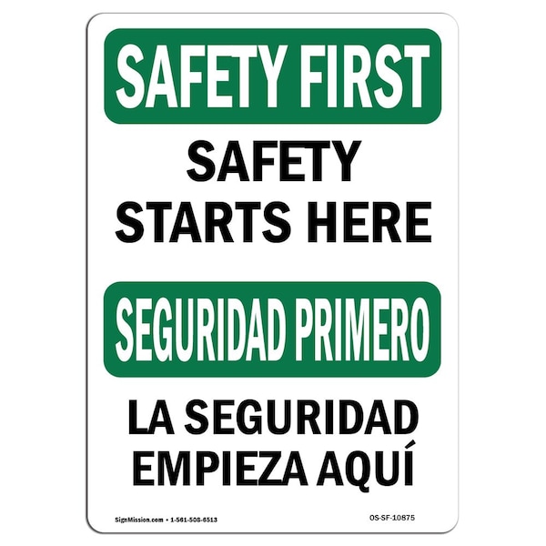 OSHA Sign, Starts Here Bilingual, 24in X 18in Rigid Plastic, 18" W, 24" L, Landscape